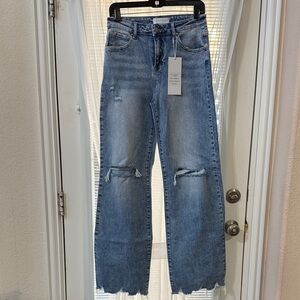 Trendy Blue Distressed Wide Leg Jeans